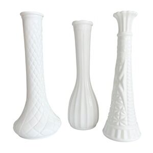 Hoosier Glass Milk Glass Bud Vase Set of 3 White 9 Inch Excellent Vintage MCM